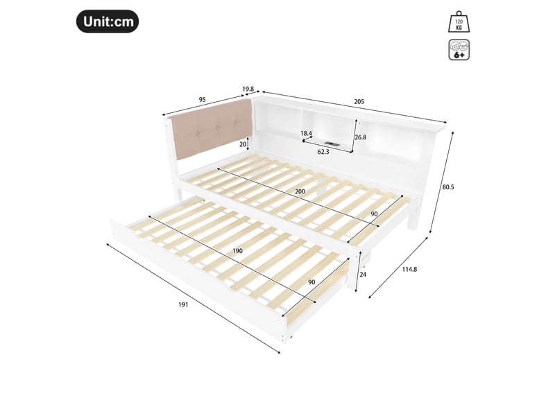  Lit banquette 90x200 pin massif blanc avec lit gigogne et éclairage led  - Conforama C