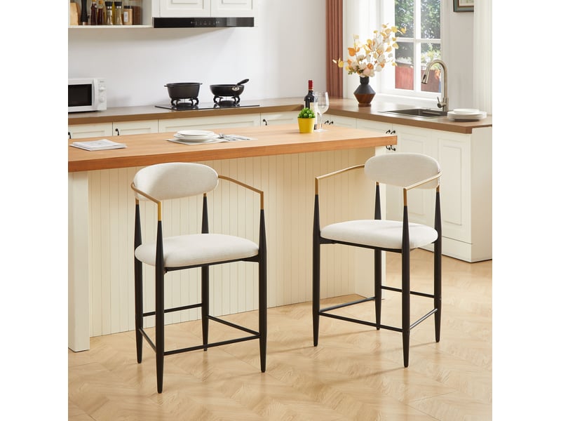  Lot de 2 tabourets de bar 59x55x94 cm accoudoirs, chaise haute style français moderne, métal et tissu, beige et noir  - Conforama B