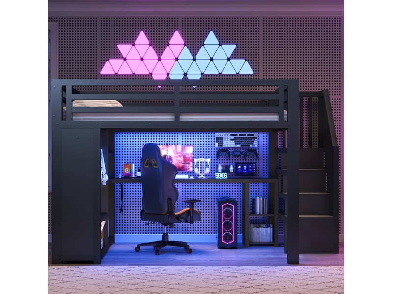 Lit mezzanine 140x200 cm en métal, noir, équipé de rangements, de dressing ouvert, d'escalier, de bureau, de usb et de led, sans matelas  - Conforama E