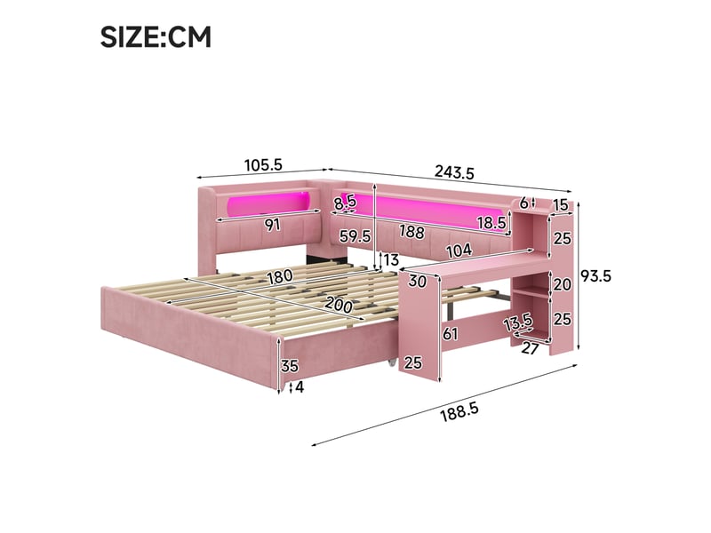  Lit gigogne 90x200 cm led et usb avec bureau en mdf et contreplaqué rose  - Conforama E