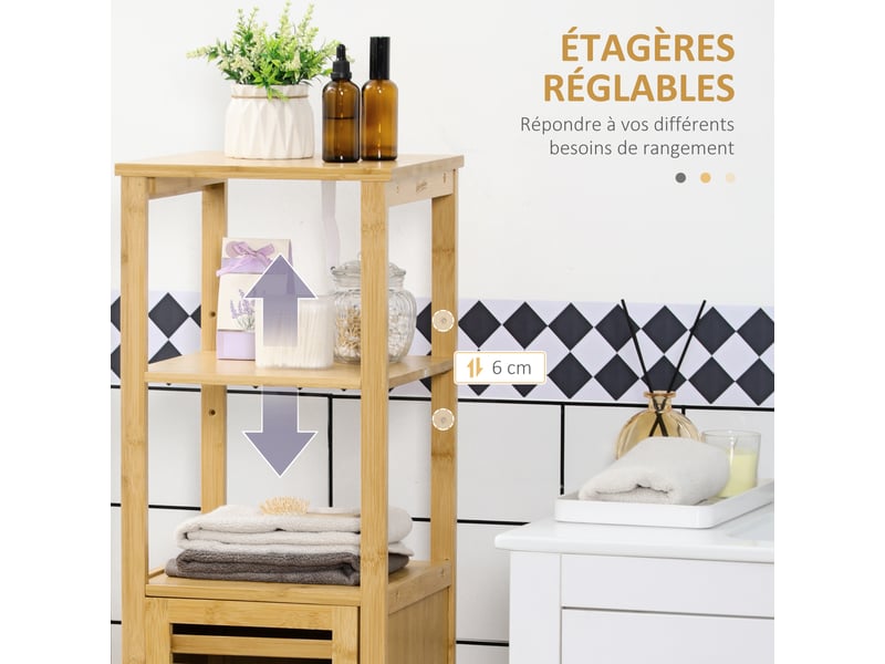 Meuble colonne salle de bain en bambou 2 étagères ouvertes et placard, bois naturel, 32,9 x 29,9 x 120 cm - Conforama E