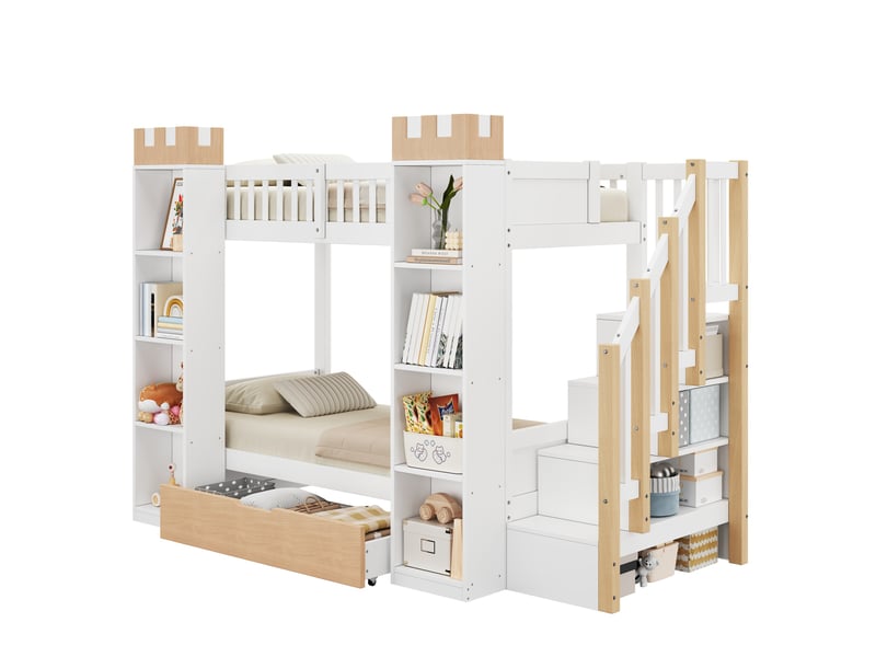  Lit superposé enfant 90x200 cm avec escalier de rangement, blanc et bois naturel  - Conforama A