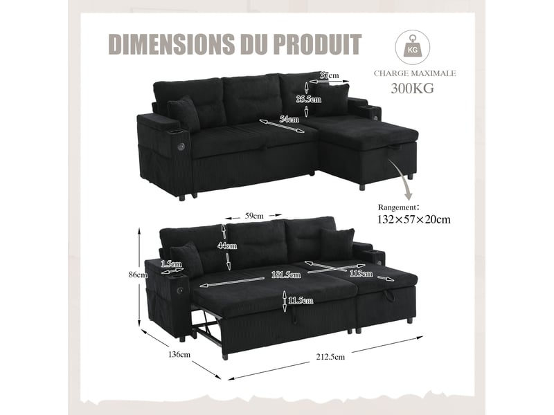 Canapé convertible 3 places en velours côtelé noir avec usb-c - Conforama C