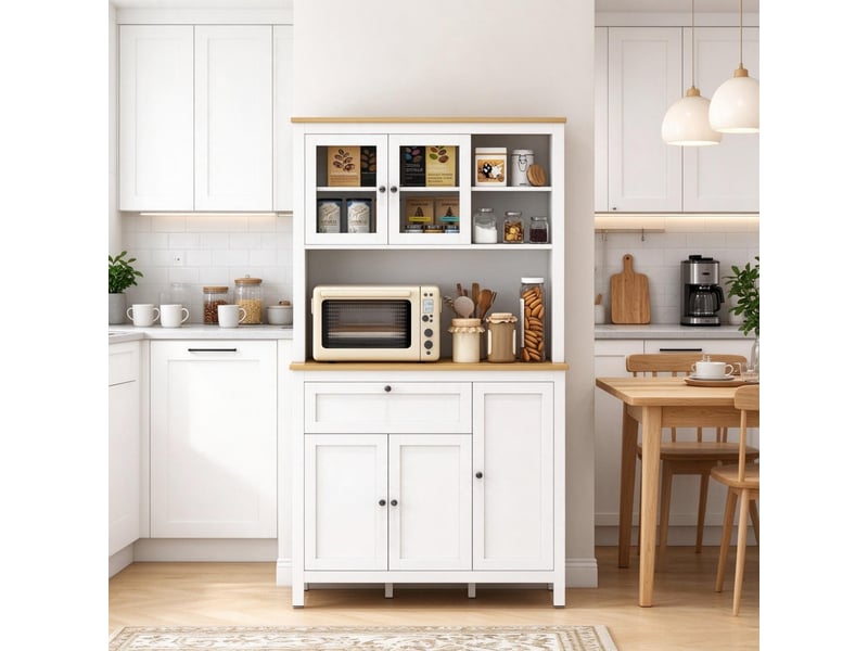 Buffet de rangement - buffet haut de cuisine avec 5 portes (dont 2 portes vitrées), blanc, 1 tiroir et niche centrale - Conforama D