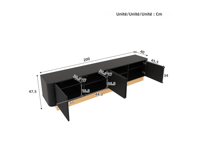  Meuble tv 200 cm noir 4 portes mdf rangement réglable style minimaliste evarich - Conforama C