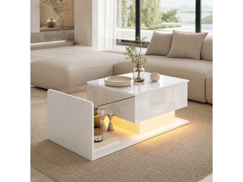  Table basse relevable avec rangements ouverts et cachés, led, plateau en verre trempé pour salon, 100 × 50 × 3347,5 cm  - Conforama B