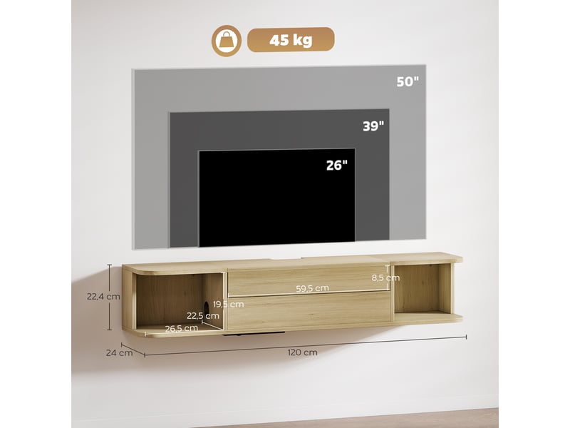  Meuble tv suspendu meuble télé pour téléviseur 50 pouces tiroir étagères passe-câbles 120x24x22,4cm effet bois naturel  - Conforama C