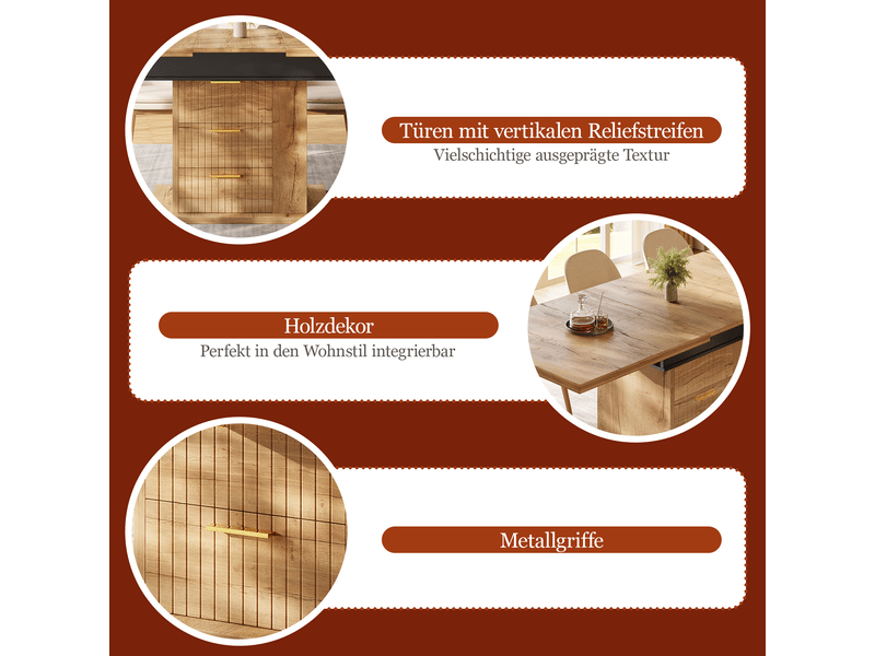  Table à manger extensible 110-140x80x75cm effet bois, 2 tiroirs, étagère latérale à 3 niches ouvertes et poignées dorées, au quotidien, modulable  - Conforama E