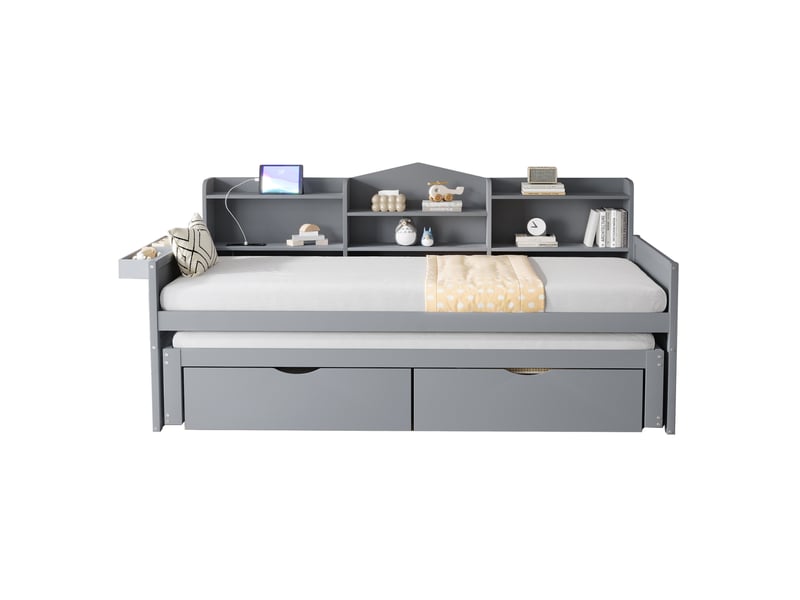 Lit banquette gigogne 90x200+90x190cm, usb, tiroirs, sommier, lit enfant 2 places, style moderne, mdf, gris sans matelas - Conforama A