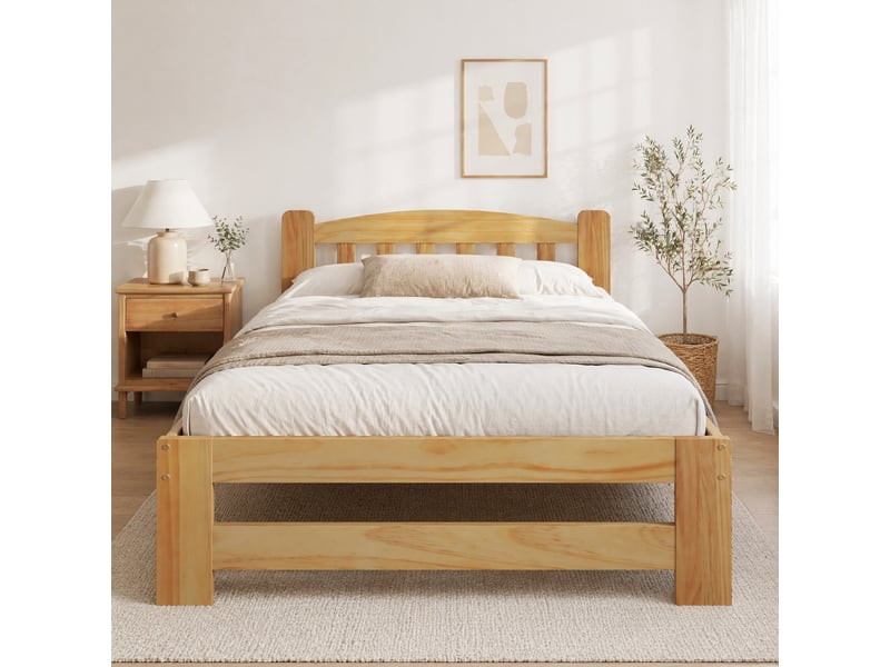  Lit simple 90x200 cm en bois de pin naturel avec tête de lit et sommier  - Conforama B