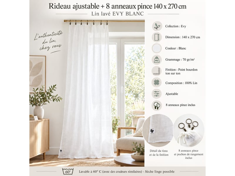  Rideau ajustable + 8 anneaux pince 140 x 270 cm 100% lin lavé evy blanc 15188 - Conforama E