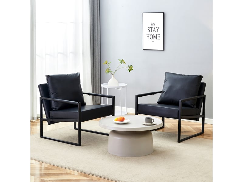  Fauteuil de lecture avec accoudoirs et coussins rembourrés, structure métallique et similicuir noir, 79×65×28 cm  - Conforama B