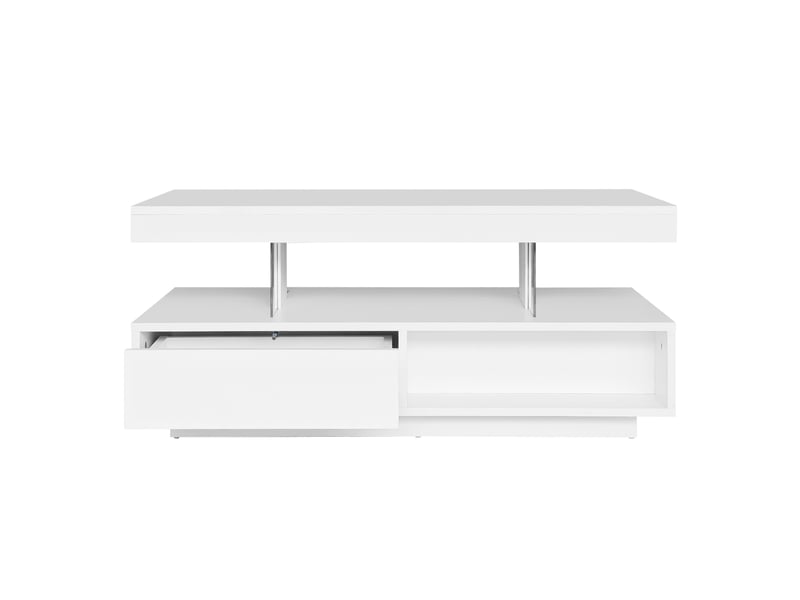  Table basse blanche brillante 95x50 cm avec led intelligente, table de salon avec 2 tiroirs et 4 inserts en verre  - Conforama A