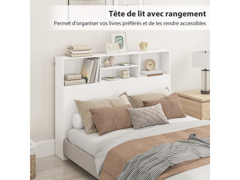  Tête de lit sur pied avec rangements, accessoire de lit 4 compartiments ouverts, 140 x 19 x 103,5 cm, blanc  - Conforama D