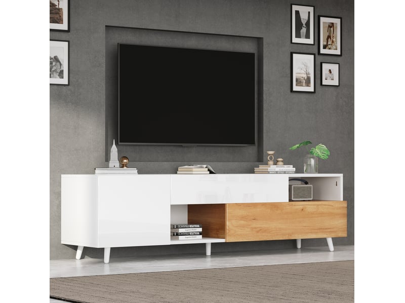  Meuble tv tcqpz 180 x 38 x 50 cm blanc et bois naturel avec tiroir, rangements multiples, pour tv jusqu'à 75 pouces  - Conforama E