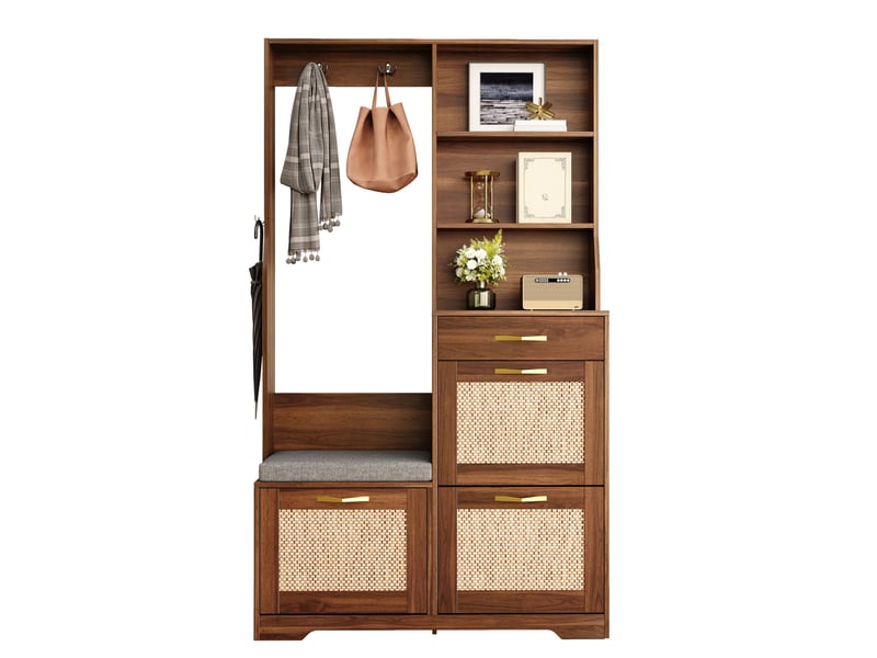  Vestiaire d'entrée ulevr avec banc et rangement chaussures, 100 x 30 x 170 cm, mdf noyer, 3 abattants  - Conforama A