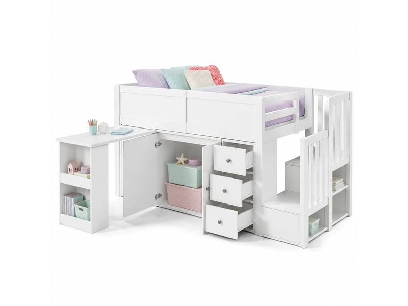  Lit mezzanine enfant 90x200 cm – blanc – bureau coulissant, armoire, tiroirs et rangements intégrés  - Conforama A