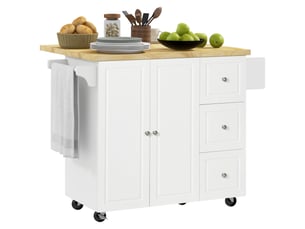 Desserte de cuisine multi rangement 3 tiroirs 2 portes avec étagère rack épices porte-torchons plateau rallonge hévéa mdf blanc
