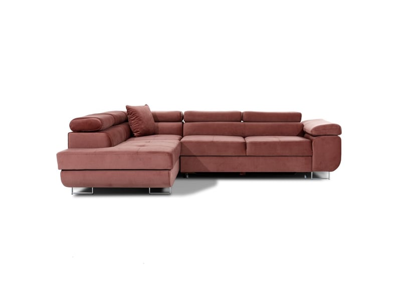  Canapé d'angle convertible menton rose velours – angle gauche avec coffre  - Conforama A