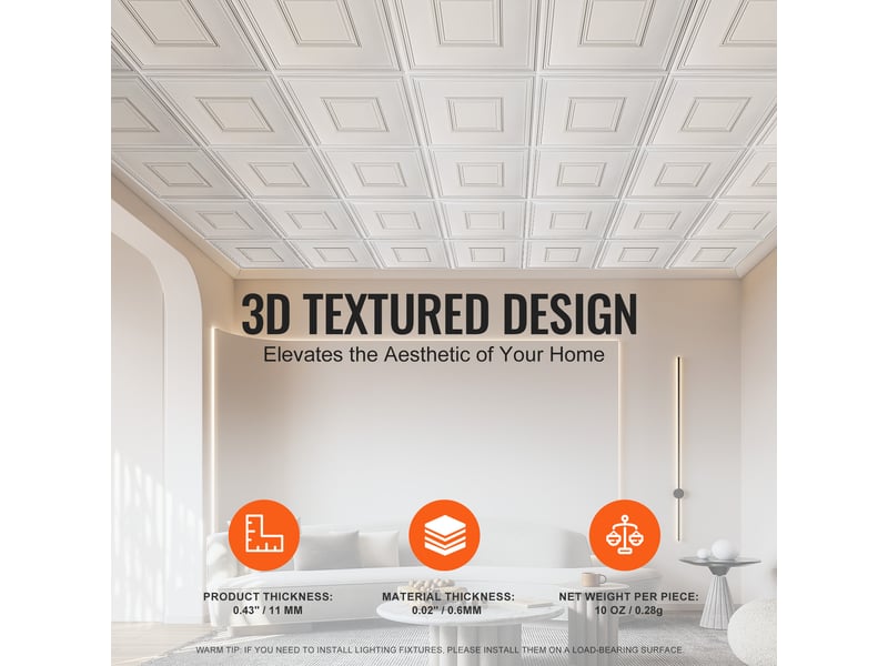  Vevor dalles plafond, lot 12, 24x24 po. Pvc, installation facile, blanc.  - Conforama D