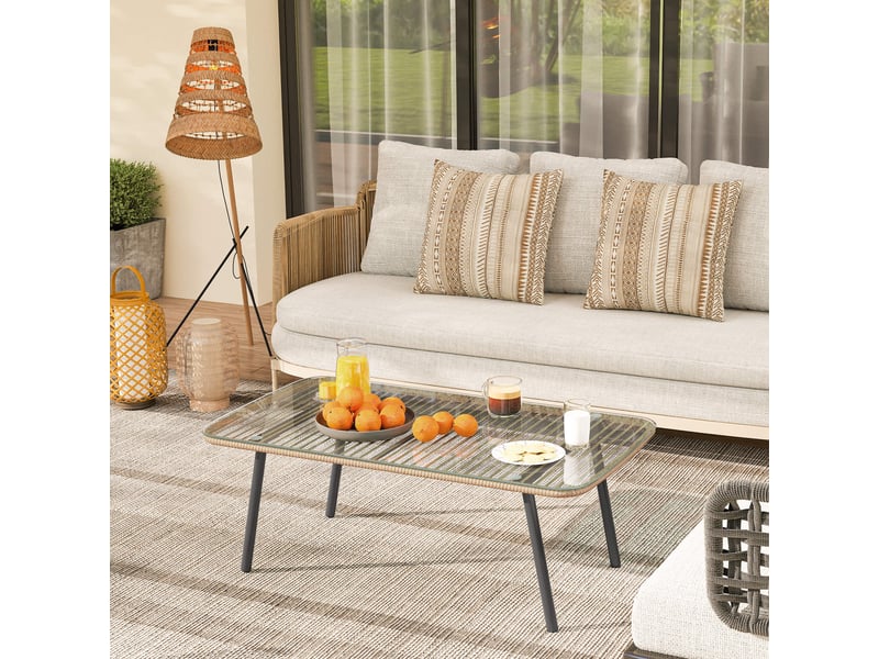 Table basse de jardin, table d'appoint extérieur résine tressée couleur bois naturel 110x60x40cm  - Conforama C