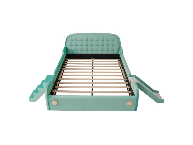  Lit voiture 140x200 cm, lit enfant, escalier, toboggan, barrière antichute, velours bleu-vert  - Conforama B