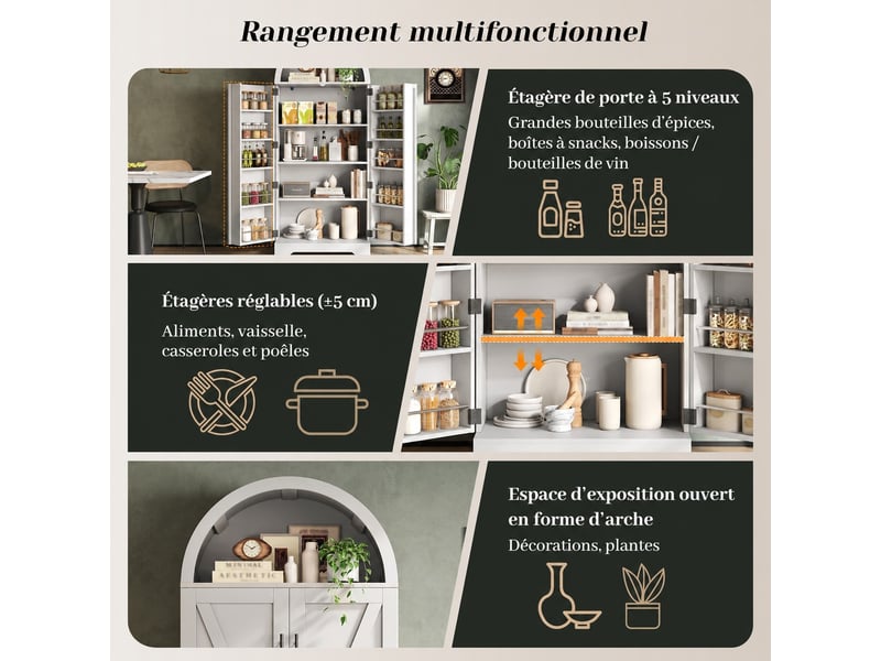  Buffet haut cuisine, meuble de rangement avec 2 portes, armoire de rangement, étagères réglables, blanc  - Conforama D