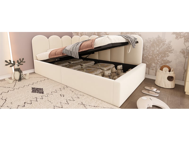  Lit coffre simple 90x200 cm avec sommier métallique et ouverture hydraulique - velours beige - sans matelas  - Conforama B
