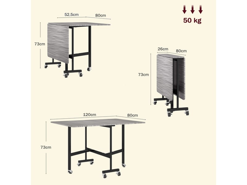  Table pliable 6 personnes - table à rabat mobile 6 roulettes - acier noir effet bois gris  - Conforama C