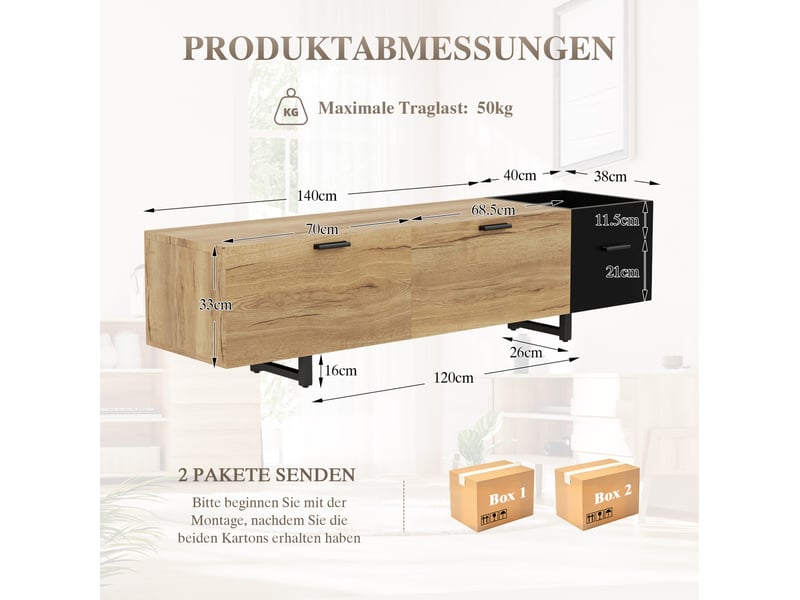  Meuble tv 180 x 38 x 49 cm avec tiroirs, led intégrée, noir et décor bois  - Conforama C