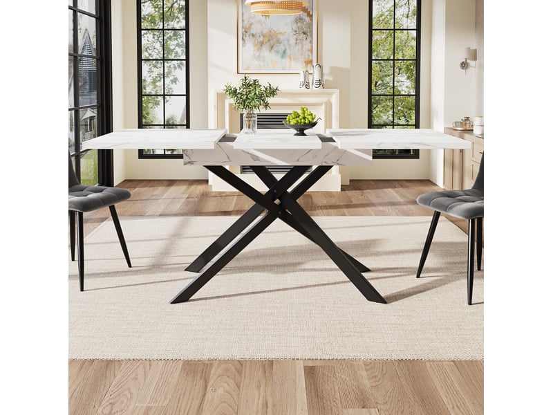  Table extensible (120)160x80x76,5cm, coloris blanc et noir, motif imitation marbre (non marbre), plateau aggloméré, cadre en métal, pieds croisés  - Conforama E