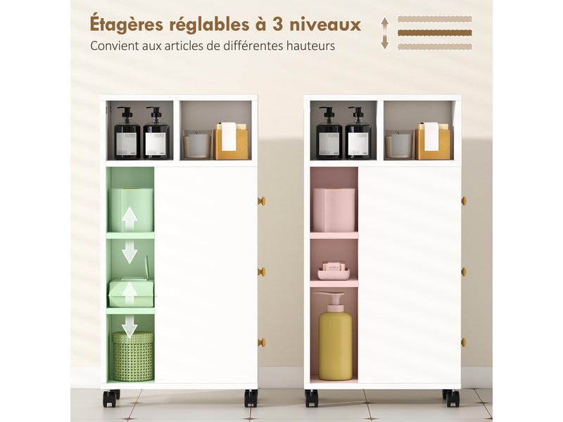  Meuble de salle de bain à roulettes, meuble de rangement étroit, 3 tiroirs, 5 compartiments ouverts, blanc,  20x40x80cm  - Conforama E