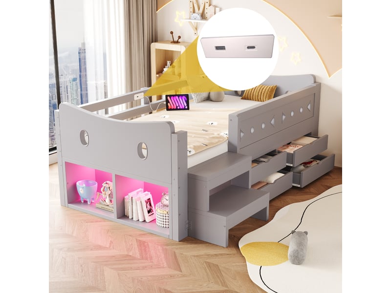  Lit simple 90x200 cm - 4 tiroirs et rangement - tête de lit avec led, usb &amp; type-c - barrières de sécurité - gris  - Conforama E