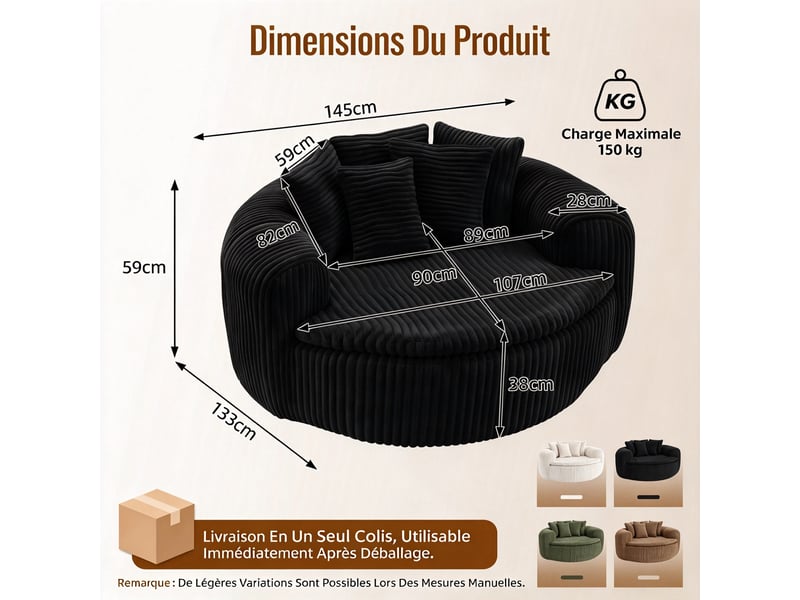  Fauteuil lounge 1 place 145 x 133 x 59 cm en velours côtelé noir, avec assise profonde, accoudoirs et 5 coussins DJ-W3463P5032758-ZMS - Conforama C