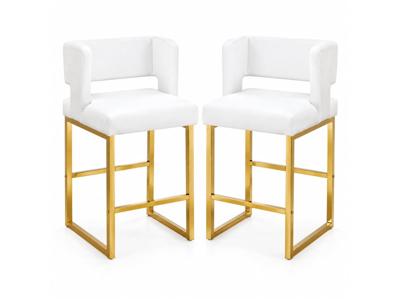 Lot de 2 tabourets de bar 53x48x91 cm, chaises hautes avec assise carrée, pieds métal doré, meuble cuisine, blanc pu  - Conforama A