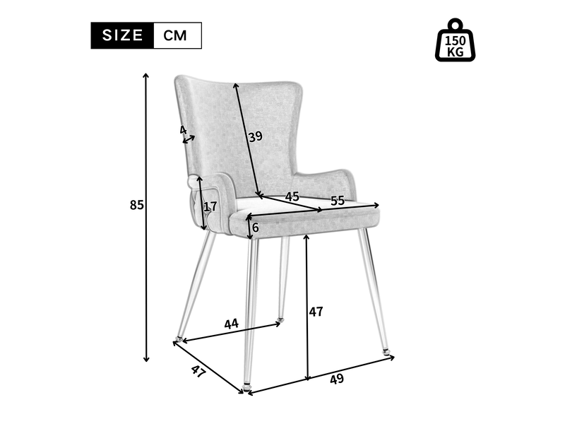  Chaise de salle à manger lot de 6 avec accoudoirs et dossier haut en velours gris avec pieds métalliques argentés  - Conforama C