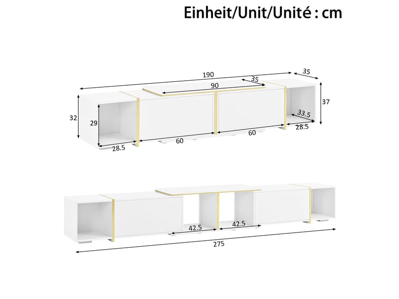  Meuble tv extensible 190 à 275 cm blanc brillant et doré en aggloméré avec niches pour salon  - Conforama D