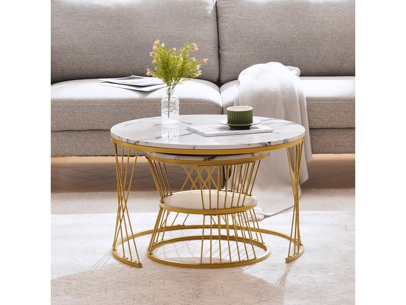  Table basse gigogne effet marbre blanc lot de 2 tables rondes 70 cm  - Conforama D