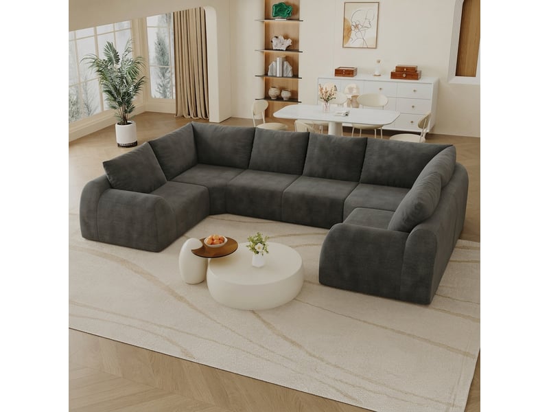  Canapé en forme de u 6 places en tissu chenille gris foncé 344cm  - Conforama D