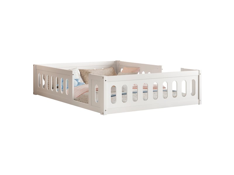  Lit plateforme enfant 140 x 200 cm blanc en bois et mdf, avec barrières de protection et ouverture latérale  - Conforama A