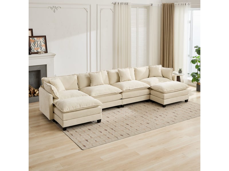  Canapé droit modulable 4 places 380 × 75 × 84 cm en chenille beige, coussins rembourrés IKSETERA TRADING LTD - Conforama B