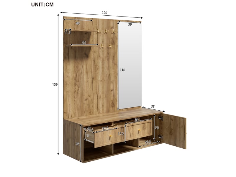 Meuble d'entrée avec miroir, 5 crochets, 2 tiroirs, placard et niches à chaussures en bois naturel 120 × 35 × 159 cm - Conforama C
