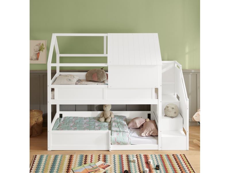  Lit superposé enfant 2 places, 2 couchages de 80 × 200 cm avec toit, escalier et barrières, sans matelas, bois blanc  - Conforama C
