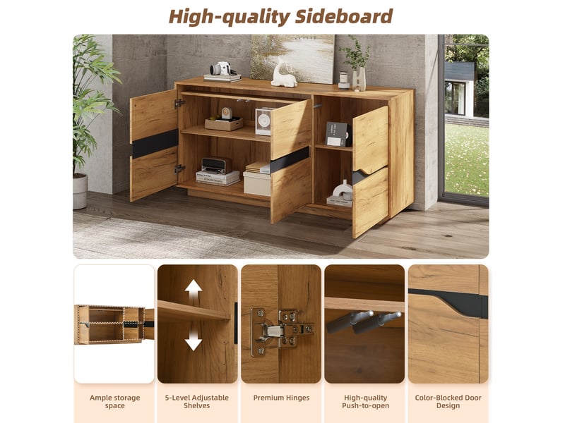  Buffet 140x40x70 cm, 3 portes, tablettes réglables, fermeture amortie, panneau de particules, chêne et noir, élégant  - Conforama D