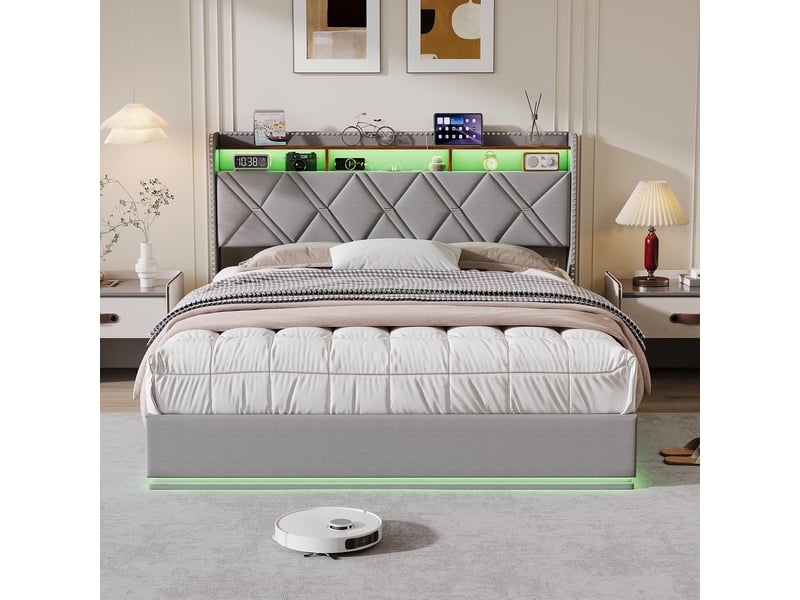  Lit coffre 160x200 cm - lit double 160x200 avec sommier - tête de lit escamotable avec led rgb et usbc - en lin gris  - Conforama C