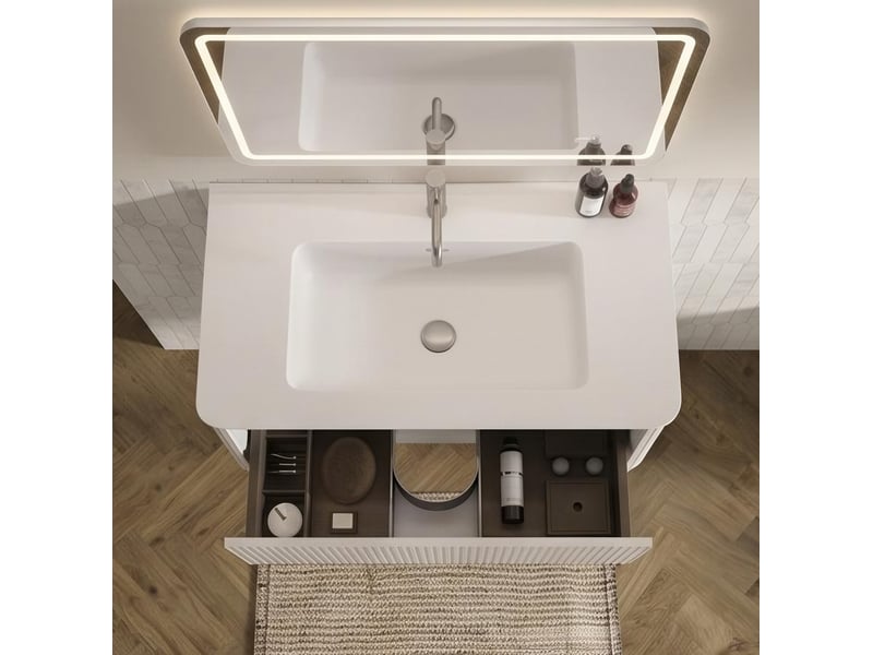  Armoire de salle de bain avec meuble sous vasque, meuble latéral et miroir led pour salle de bain moderne et ordonnée  - Conforama E