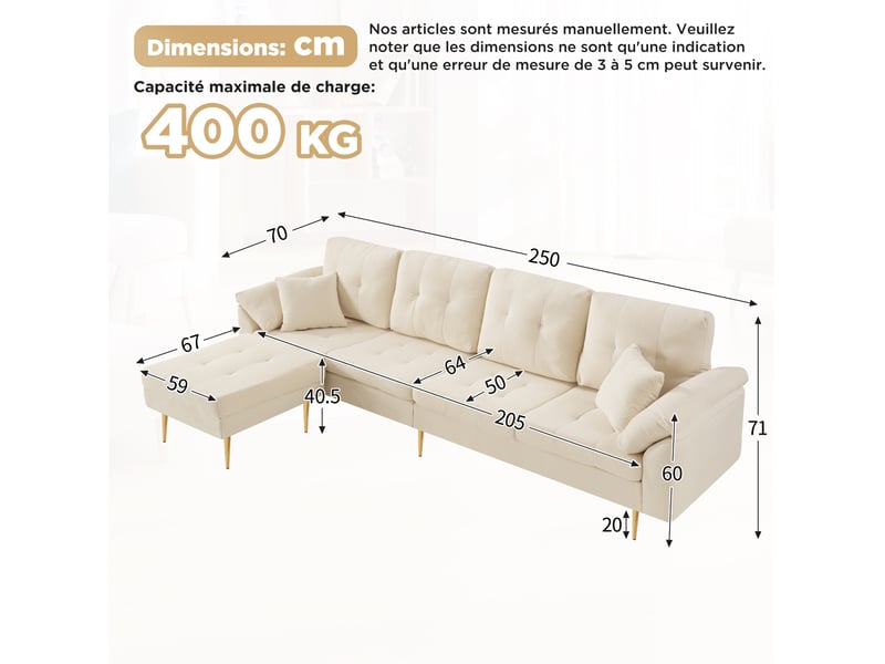 Canapé 4 places 250x70x71 cm avec pouf modulable en velours côtelé couleur beige clair  - Conforama C
