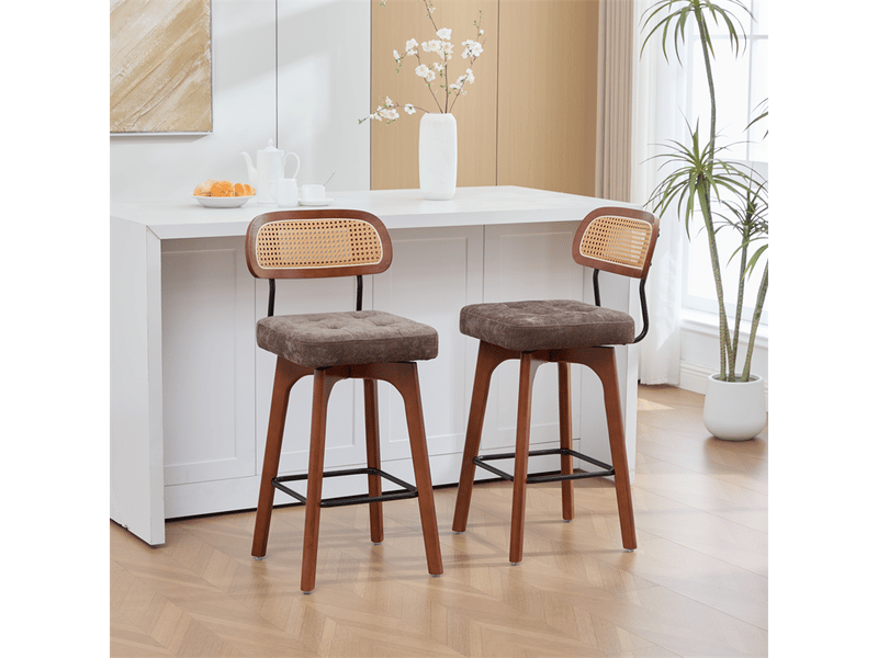  Lot de 2 tabourets de bar pivotants 360° marron chenille, dossier en rotin  - Conforama B