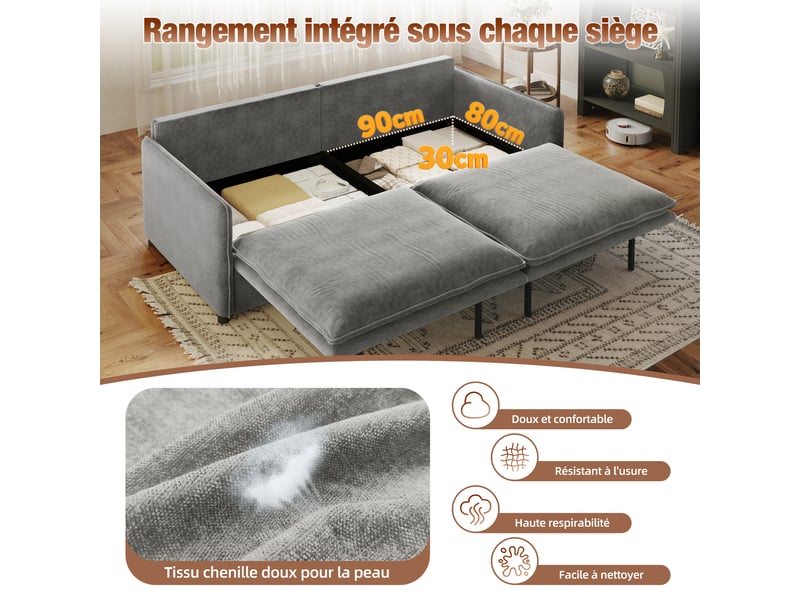  Canapé convertible 3 places gris clair en chenille avec rangement, 206 cm Fay Lum - Conforama W