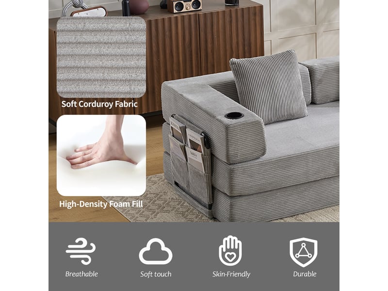  Canapé convertible, canapé-lit, gris clair, poches latérales, porte-gobelets, pour salon, en velours tricoté, chambre  - Conforama D